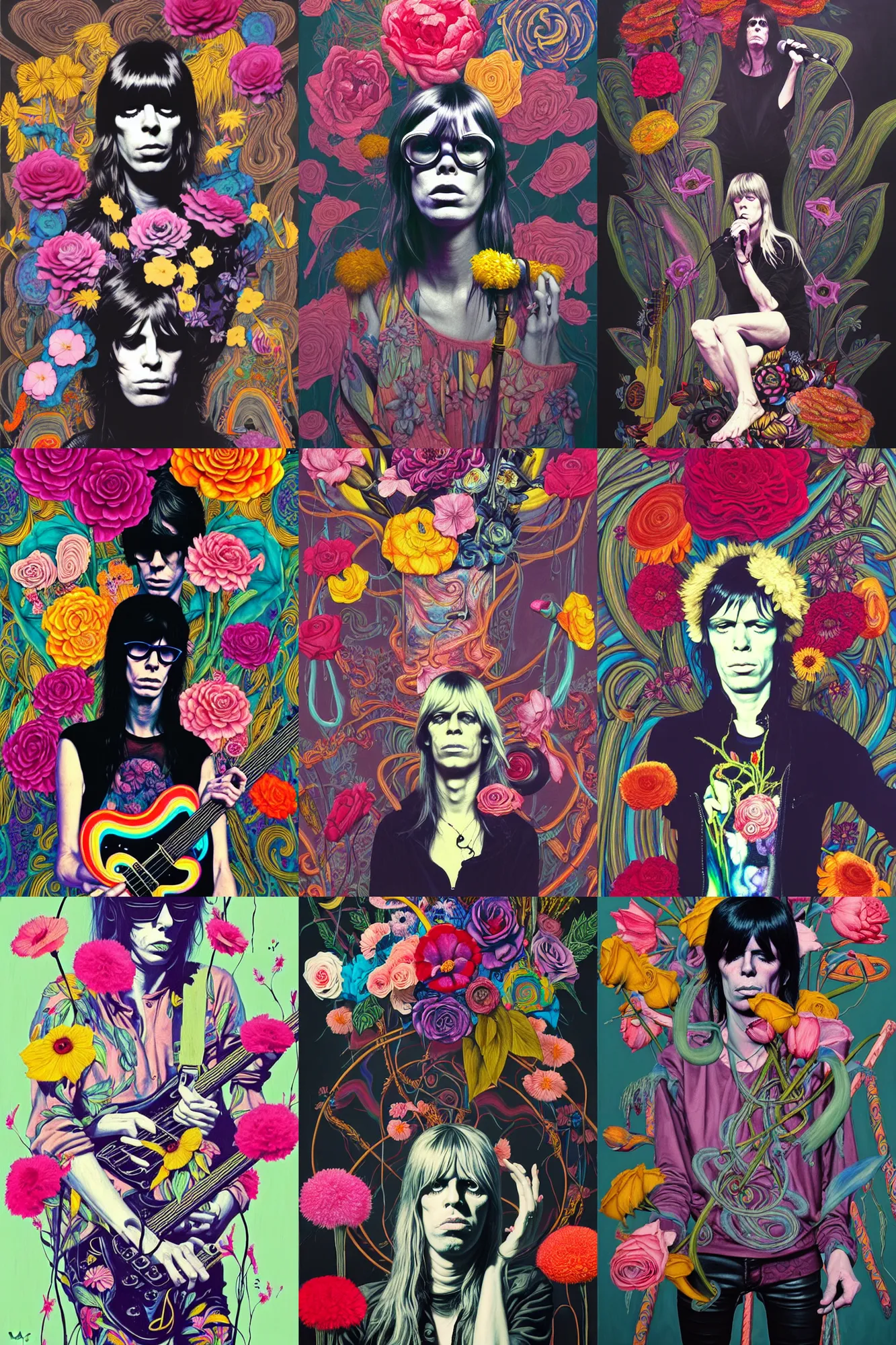 Image similar to the velvet underground and nico playing live on stage, beautiful stage decoration with flowers in the background, painting by james jean, very detailed and colorful and ornamental and moody and relaxed and tasteful and laid back and relaxed and cool and high on drugs, trending on artstation, behance contest winner