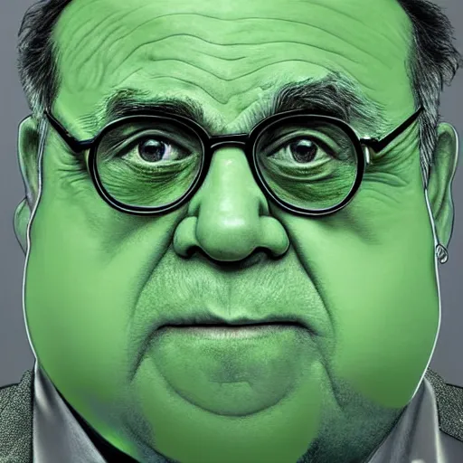 Image similar to hyperrealistic mixed media high resolution image of Danny DeVito made of green gelatin, stunning 3d render inspired art by István Sándorfi and Greg Rutkowski, perfect symmetry, dim volumetric lighting, 8k octane beautifully detailed render, post-processing, extremely hyper-detailed, intricate, epic composition, highly detailed attributes, highly detailed atmosphere, cinematic lighting, masterpiece, trending on artstation, very very detailed, masterpiece, stunning, flawless structure, lifelike texture, perfection,