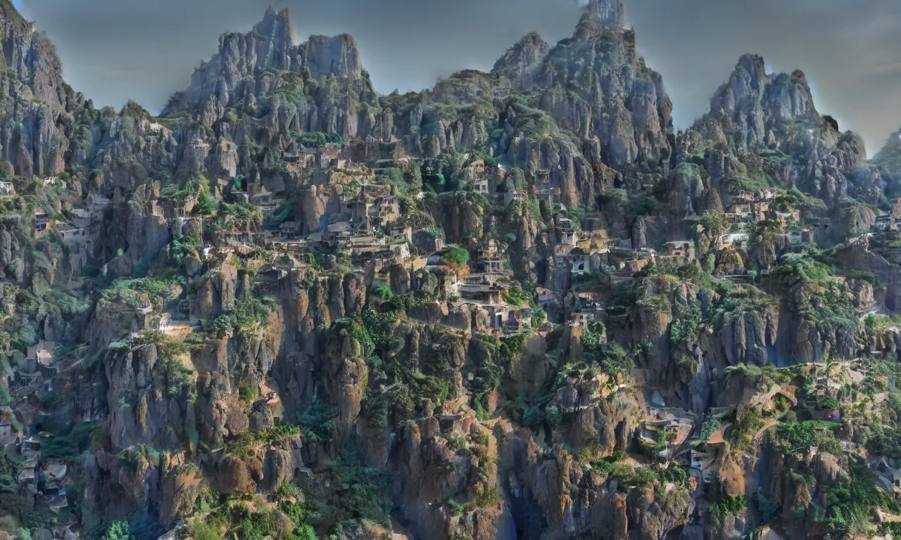 Prompt: a great city carved into the side of a mountain, photorealistic, ultra realistic landscape, 8 k, octane render, unreal engine 5