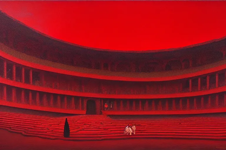 Image similar to only with red, a red great emperor, taormina amphitheatre, crowd with big smile, in the style of beksinski, parts by edward hopper, parts by rodcenko, parts by yue minjun, intricate and epic composition, red by caravaggio, insanely quality, highly detailed, masterpiece, red light, artstation, 4 k