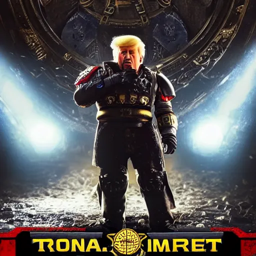 Image similar to Portrait of donald trump as the emperor of humanity from warhammer 40k in Gears of War, splash art, movie still, cinematic lighting, dramatic, octane render, long lens, shallow depth of field, bokeh, anamorphic lens flare, 8k, hyper detailed, 35mm film grain