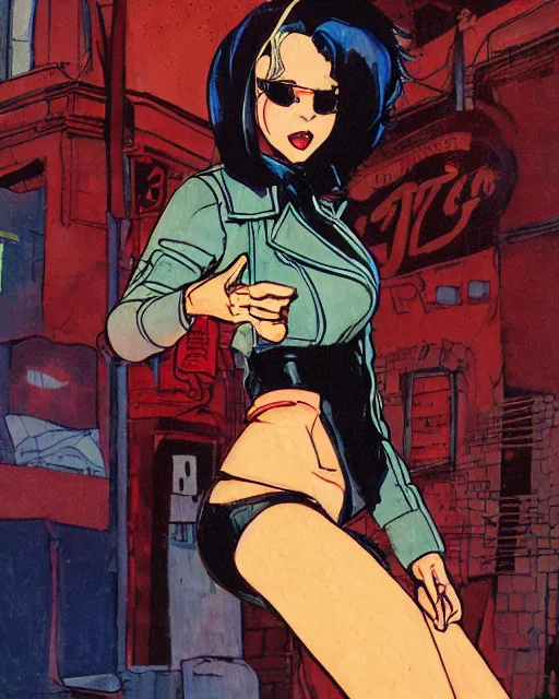 Image similar to young female protagonist in leather jacket, city street, artwork by ralph bakshi