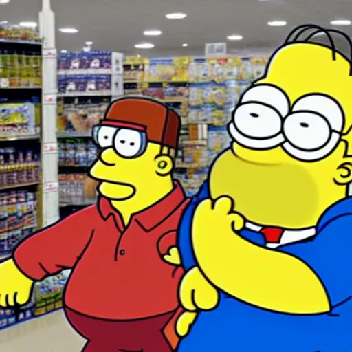 Prompt: peter griffin and homer simpson at a walmart