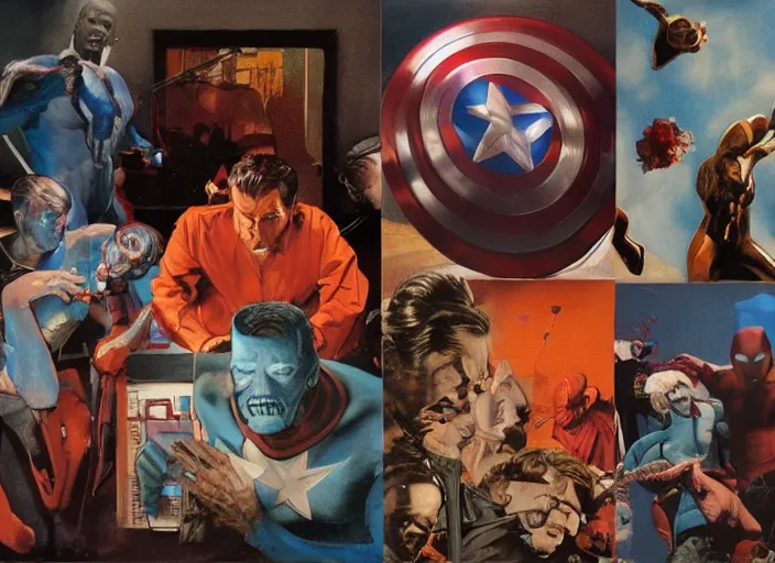 Image similar to a still from the movie avengers : endgame by of francis bacon and norman rockwell and james jean, a still from the movie godfather, and mark brooks, triadic color scheme, by greg rutkowski, syd mead and edward hopper and norman rockwell and beksinski, dark surrealism, orange and turquoise