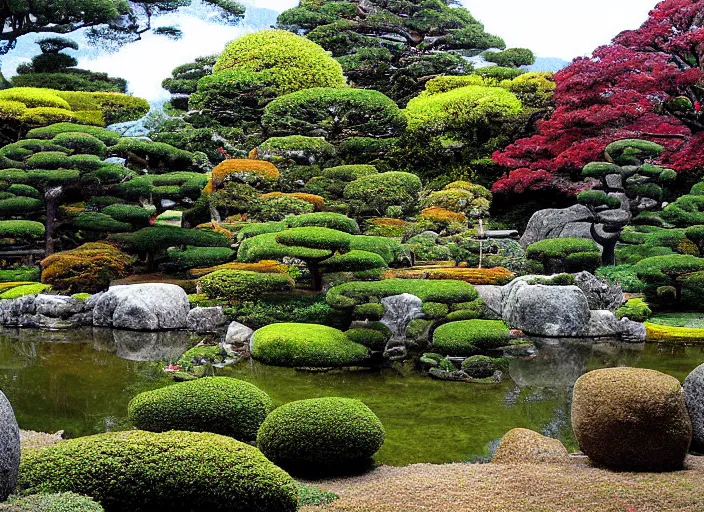 Prompt: japanese garden of an ancient god by wayne barlowez