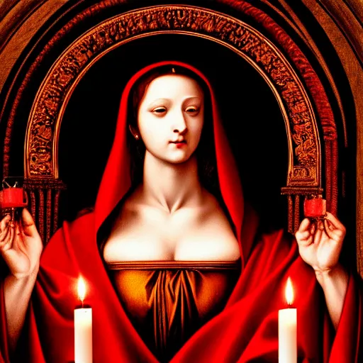 Prompt: close up portrait of the goddess of blood in silk robes of blood, cultists watching, red hoods, candle lights, renaissance, baroque, gothic, high detail, dark lighting, atmospheric, extremely detailed, intricate, da vinci, michelangelo, caravaggio, 8 k