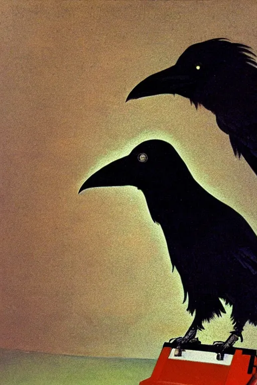 Image similar to a raven observing 8 0 s era technology, vintage shapes, retro technology, harsh color, wayne barlow, oil on canvas, deep depth of field, masterpiece, cinematic composition, hyperdetailed