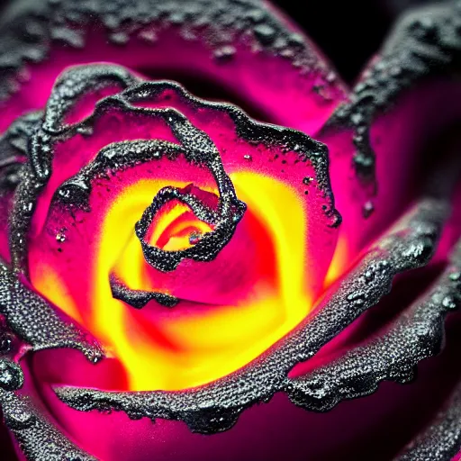 Image similar to award - winning macro of a beautiful black rose made of glowing molten magma, inner glow, lava texture