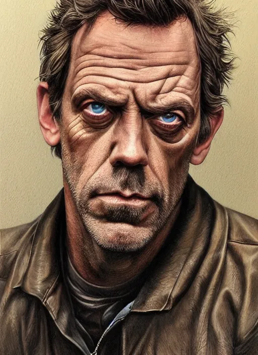 Image similar to portrait of hugh laurie, gritty, dark, wearing a leather jacket, very detailed eyes, hyperrealistic, very detailed painting by Glenn Fabry, by Joao Ruas, by Artgerm