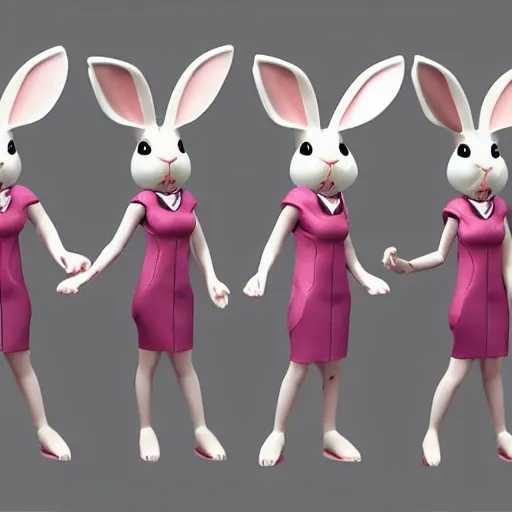 Prompt: beautiful fit female anthropomorphic rabbit with symetric face wearing dress, full body, vray, 5 5 mm