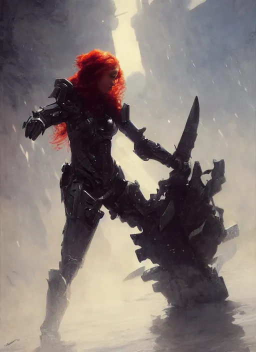 Image similar to short muscular redhead young woman wearing black lowpoly armour, bare legs, detailed, by gaston bussiere, bayard wu, greg rutkowski, giger, maxim verehin, greg rutkowski, masterpiece, sharp focus, cinematic lightning