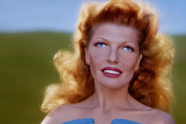 Image similar to natural 8 k close up shot of rita hayworth with freckles, natural skin and beauty spots in a 2 0 0 5 romantic comedy by sam mendes. she stands and looks on the horizon with winds moving her hair. fuzzy blue sky in the background. no make - up, no lipstick, small details, wrinkles, natural lighting, 8 5 mm lenses, sharp focus