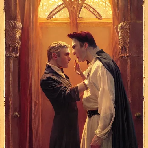 Image similar to attractive male, arthur pendragon confesses his love to attractive male dracula the vampire. highly detailed painting by gaston bussiere, craig mullins, j. c. leyendecker 8 k