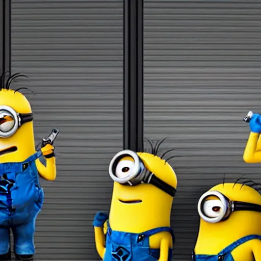 Prompt: minions sighted in local gas station, begin shooting people with guns