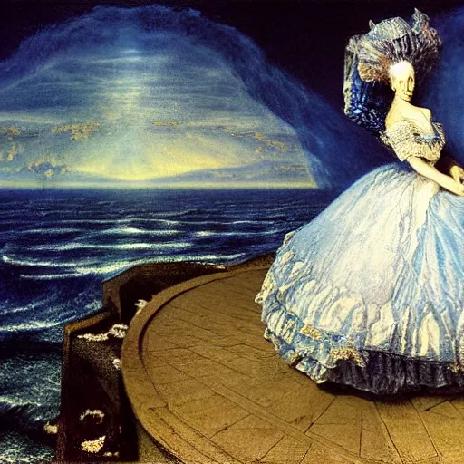 Image similar to Marie Antoinette levitating over the sea. El Greco, Remedios Varo, Salvador Dali, Carl Gustav Carus, John Atkinson Grimshaw. Blue tint. Symetrical, logo, geometric shapes, high detail, great lighting, 8k resolution, masterpiece, concept art, illustration