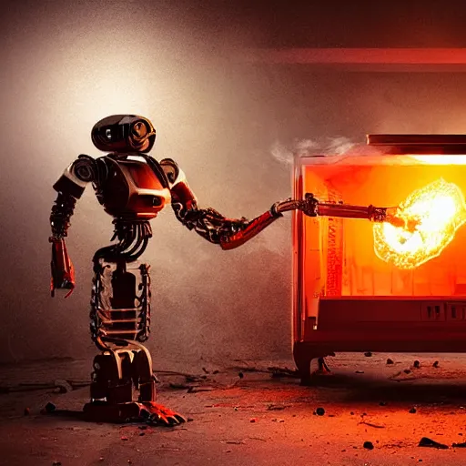 Image similar to toaster oven terminator robot, dark messy smoke - filled cluttered workshop, dark, dramatic lighting, orange tint, sparks, cinematic, highly detailed, sci - fi, futuristic, movie still