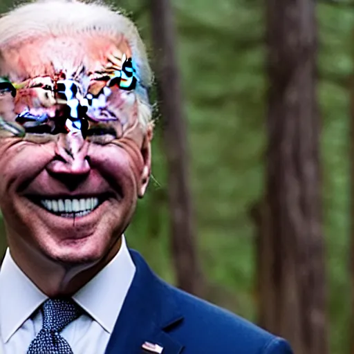 Image similar to joe biden standing ominously far in the foggy woods with a demonic wide smile in his face in the new horror movie, creepy