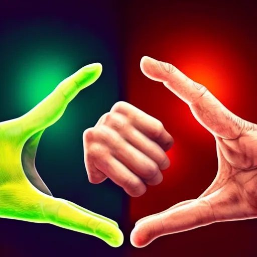 Prompt: Man pit against his mortal enemy in a thumb war for the fate of reality. Digital art. Masterpiece. Trending on Artstation and CGsociety. World's greatest artistry. HDR. 4k. Amazing incredible awesome awe-struck fantastic intriguing. Creative use of colors. Fantastic lighting.