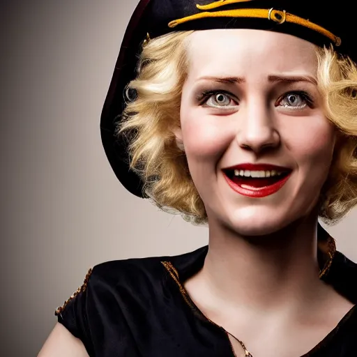 Prompt: laughing, singing, beautiful, intelligent, blonde female pirate captain 2 8 years old, 1 9 3 0 s haircut, fully clothed, wise, beautiful, 1 7 3 0 s oil painting, dramatic lighting, sharp focus