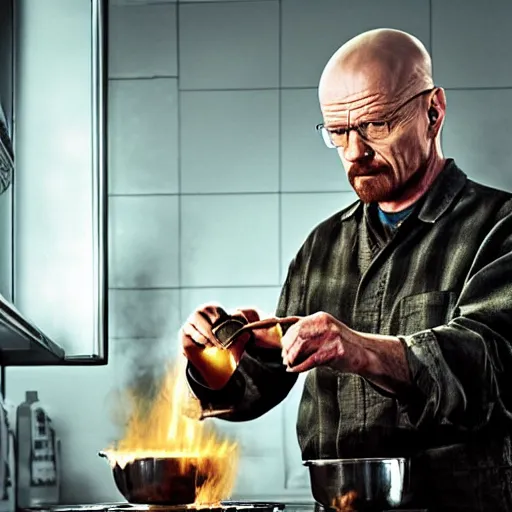 Image similar to walter white cooking eggs in a saucepan. He is looking worried. The stove is on fire. dramatic lighting, movie poster