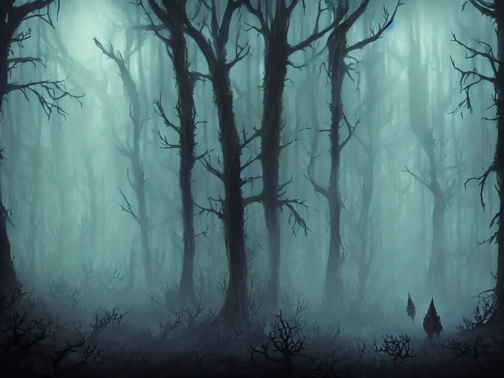 Image similar to fantasy haunted dark forest, foggy, detailed, digital art, a dark forest with adventurers surrounded by evil spirits that lurk in the shadows, by Anato Finnstark, artstation