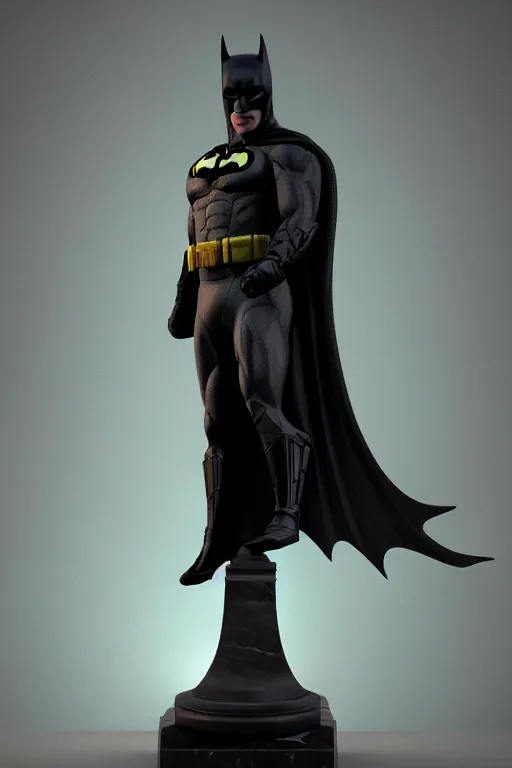 Image similar to batman carved from translucent jade,, the dark knight, frank miller, dynamic pose standing on a marble pedestal, intricate details, intricate textures, warm lighting, vivid colors, smoke and mist, realistic octane render, hyper realistic render, volumetric shading, depth of field, raytracing, 8 k,