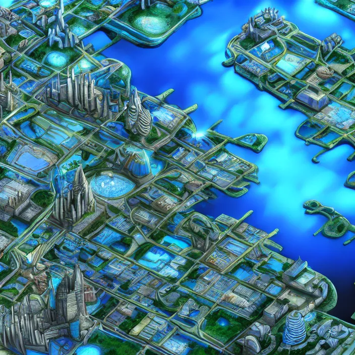 Image similar to hyper realistic, top down view, high detail photo of city of atlantis, underwater, lights on, beautiful, dreary lighting