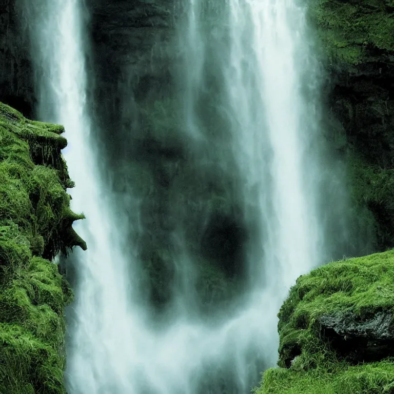 Image similar to dark and moody 1 9 8 0's artistic color spaghetti western film, a woman in a giant billowing wide long flowing waving shining bright white dress made out of waterfalls, standing inside a green mossy irish rocky scenic landscape, huge waterfall, volumetric lighting, backlit, atmospheric, fog, extremely windy, soft focus