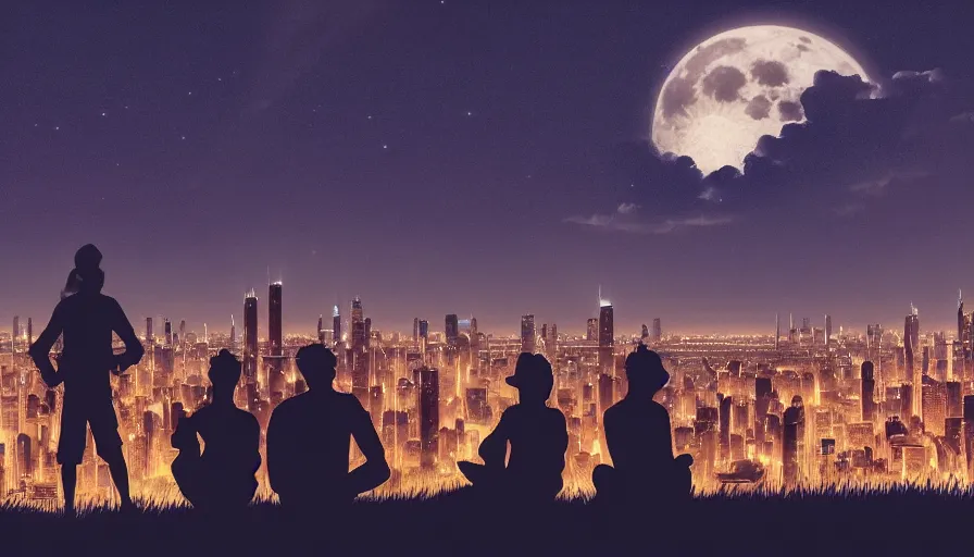 Image similar to people sitting on a hill watching chicago at night. the sky had stars and a full moon. hyperdetailed, artstation, cgsociety, 8 k