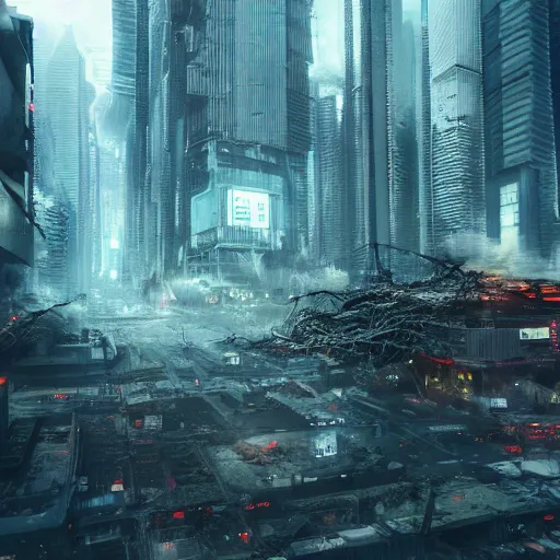 Image similar to terrifying nature destroying a dystopian city, cyberpunk, sharp focus, dynamic lights, still, photograph, hyper realistic, masterpiece, octane render, rendered, 3 d, cinematic, cinematic lighting, dramatic lighting, highly detailed, intricate details, texture, cinematic composition, by donglu yu and kevin jick and eddie del rio