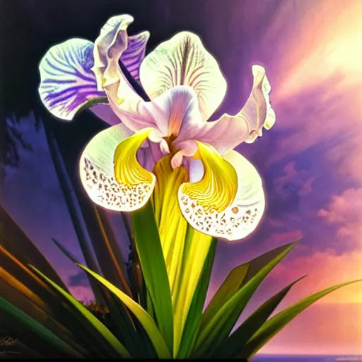 Prompt: detailed giant white holographic orchid iris hybrid flower, lsd water, lsd ripples, droplets, backlit, sunset, refracted lighting, art by collier, albert aublet, krenz cushart, artem demura, alphonse mucha