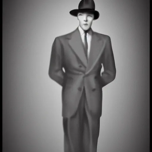 Image similar to A photograph portrait of Jerma985 wearing a suit with and fedora in the 1940s, taken in the early 1940s, grainy, taken on a 940s Kodak Camera, realistic, hyperrealistic, very realistic, highly detailed, very detailed, extremely detailed, detailed, digital art, trending on artstation