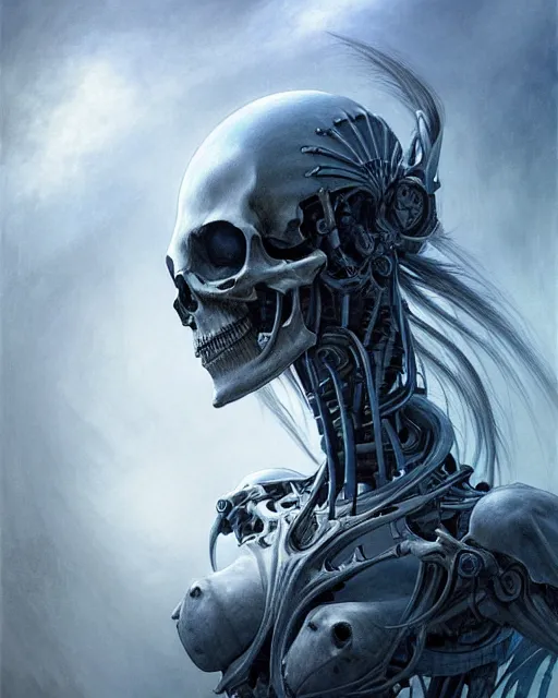 Image similar to concept art by artgerm, death of the four horsemen of the apocalypse, soft blue and grey natural light, intricate, i robot queen of death, highly detailed dark art, digital painting, artstation, concept art, smooth, sharp focus, illustration, art by greg rutkowski and luis rollo and uang guangjian and gil elvgren, symmetry!