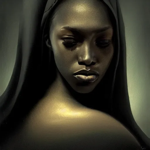 Image similar to a portrait of a young black woman wearing a long dark cloak, hood and shadows covering face, anatomically correct, beautiful perfect face, enigmatic, oil painting, matte painting, black background, Volumetric dynamic lighting, Highly Detailed, Cinematic Lighting, Unreal Engine, 8k, HD, by Beksinski