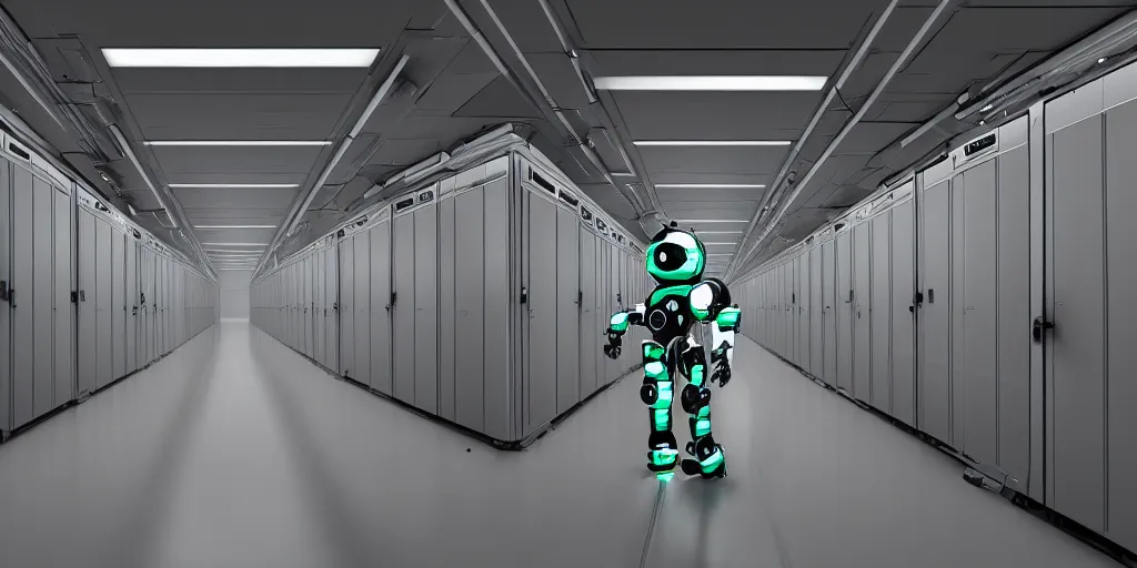 Image similar to parallax datacenter server room white rusty android robocowboy in artstation