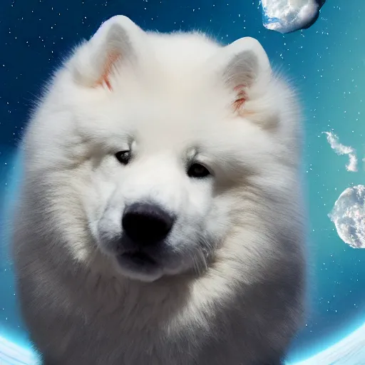 Prompt: Samoyed in space, digital art, 8K