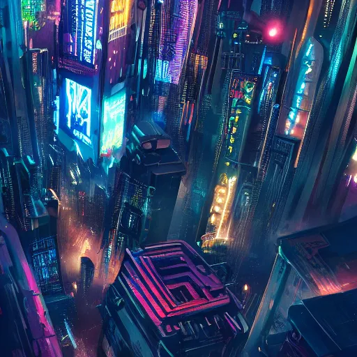 Prompt: cyberpunk city at night from above, neon glow, arstation, chill wave, detailed, maximalism, cluttered, busy, cinematic, cgsociety, smooth, beeply and greg rutkowski, dramatic lighting, god rays, clean crisp graphics, smooth sharp focus, extremely detailed