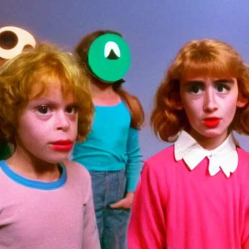 Image similar to still from 1983 live-action children's tv show about a girl who enters an eyeball cult color