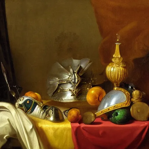 Prompt: an elegant still life with jewelled longsword in a vase and helmet on table by jan davidsz. de heem, 4 k horizontal wallpaper