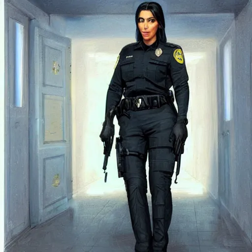 Image similar to kim kardashian as a cop, police uniform, full body view, full pov, haunted house interior, pretty, aesthetic, dust molecules, matte detailed photo, DeviantArt, Artstation, by donato giancola, ralph horley, loish, cinematic lighting