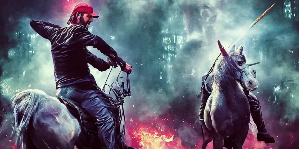 Image similar to Keanu Reaves riding a unicorn, a still over the shoulder from behind shot from John Wick 2, shooting a gun at a man dressed in a Mario Luigi costume, epic fantasy style, digital art