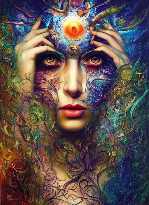 Image similar to magic enlightened cult psychic enchanted woman, painted face, third eye, energetic consciousness psychedelic scene, epic surrealism expressionism symbolism, perfect, by karol bak, louise dalh - wolfe, masterpiece