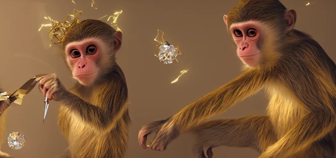 Prompt: monkeys playing with diamonds, fairies and scissors, details, smooth, sharp focus, illustration, realistic, cinematic, artstation, gold, ornate, award winning, original modern artwork, rgb ethereal lighting, 8k