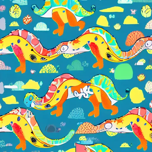 Image similar to a colourful dinosaur pattern in the style of murakami