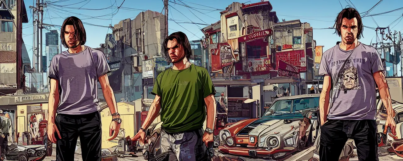 Image similar to full body of Raelsan (Orelsan) in the center of image of GTA V loading screen illustration in the style of Stephen Bliss, uncrop, uncropped Orelsan very detailed GTA illustration from Stephen Bliss, full body Orelsan trending on artstation, Orelsan trending on deviantart, symmetrical face Orelsan, GTA V, Orelsan