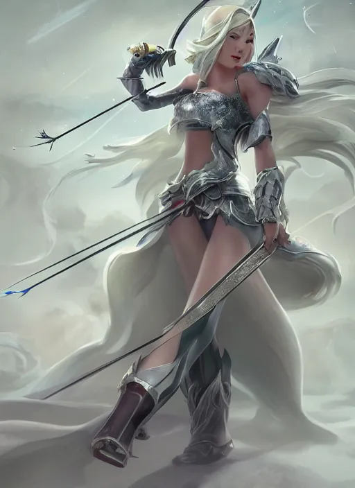 Image similar to ashe, from league of legends, shooting arrows with a silver bow, wearing fluffy skin, long skirt, hyper detailed, digital art, trending in artstation, cinematic lighting, studio quality, zoom in, smooth render, unreal engine 5 rendered, octane rendered, art style by klimt and nixeu and ian sprigger and wlop and krenz cushart