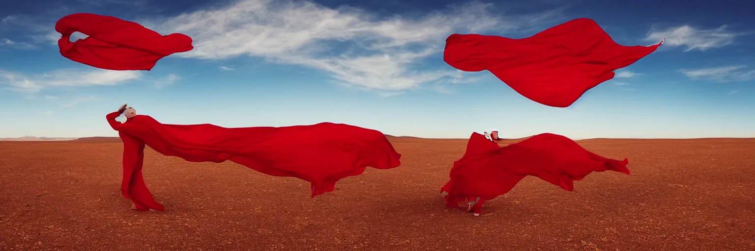 Prompt: a woman in an endlessly long red cape that ribbons across the sky behind her as she flies above a barren blue desert