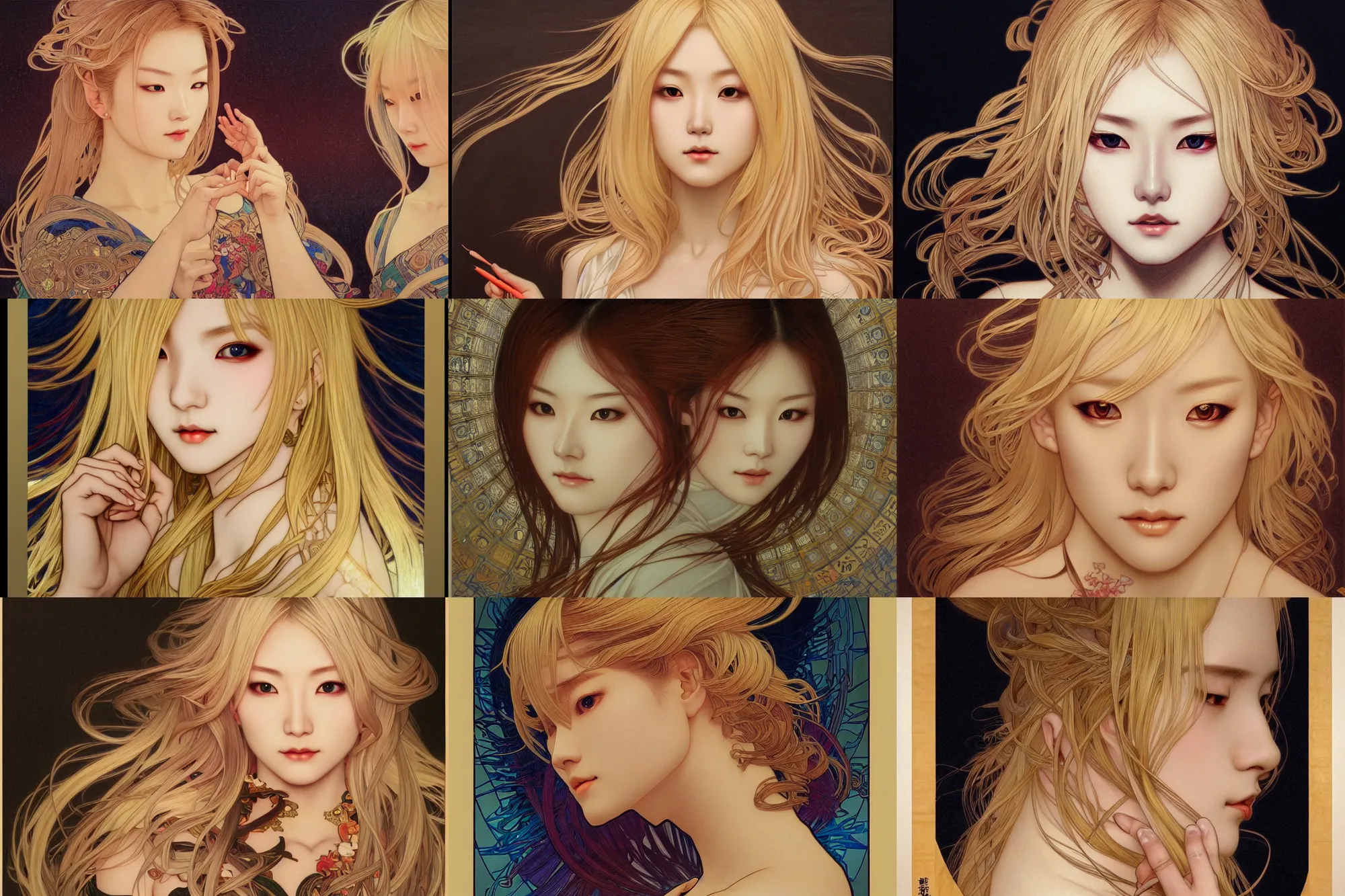 Prompt: japanese blonde curator, night, museum, 4 k, ultra realistic, beautiful eyes, epic lighting, machines, high detail, masterpiece, trending on artstation by artgerm and akihito tsukushi and alphonse mucha, crayons