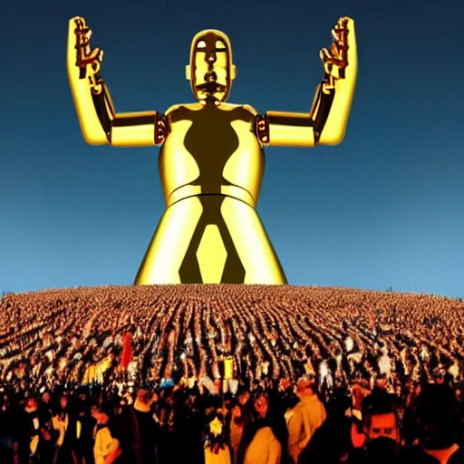 Prompt: artificial intelligence, the new golden calf idol. crowds of humans are subjugated