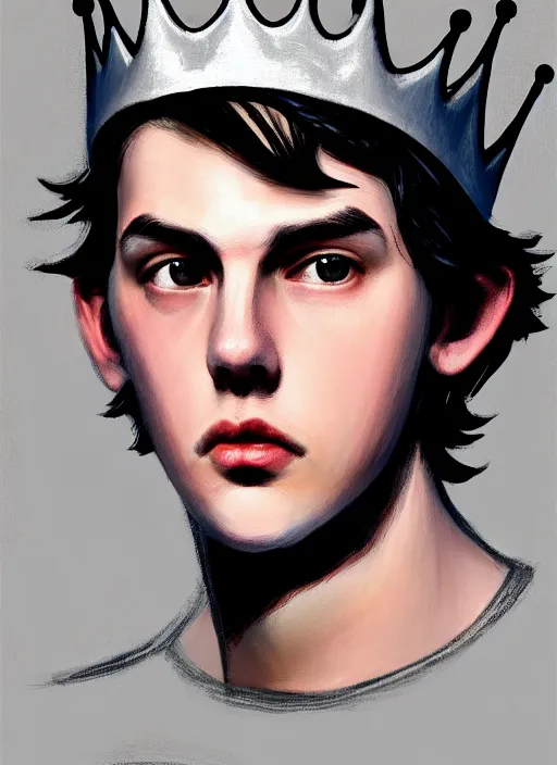 Image similar to portrait of teenage jughead jones wearing a light grey crown, photorealistic, crown made of felt fabric, crown, crown made of felt, black hair, intricate, elegant, highly detailed, digital painting, glowing lights, artstation, concept art, smooth, sharp focus, illustration, art by wlop, mars ravelo and greg rutkowski